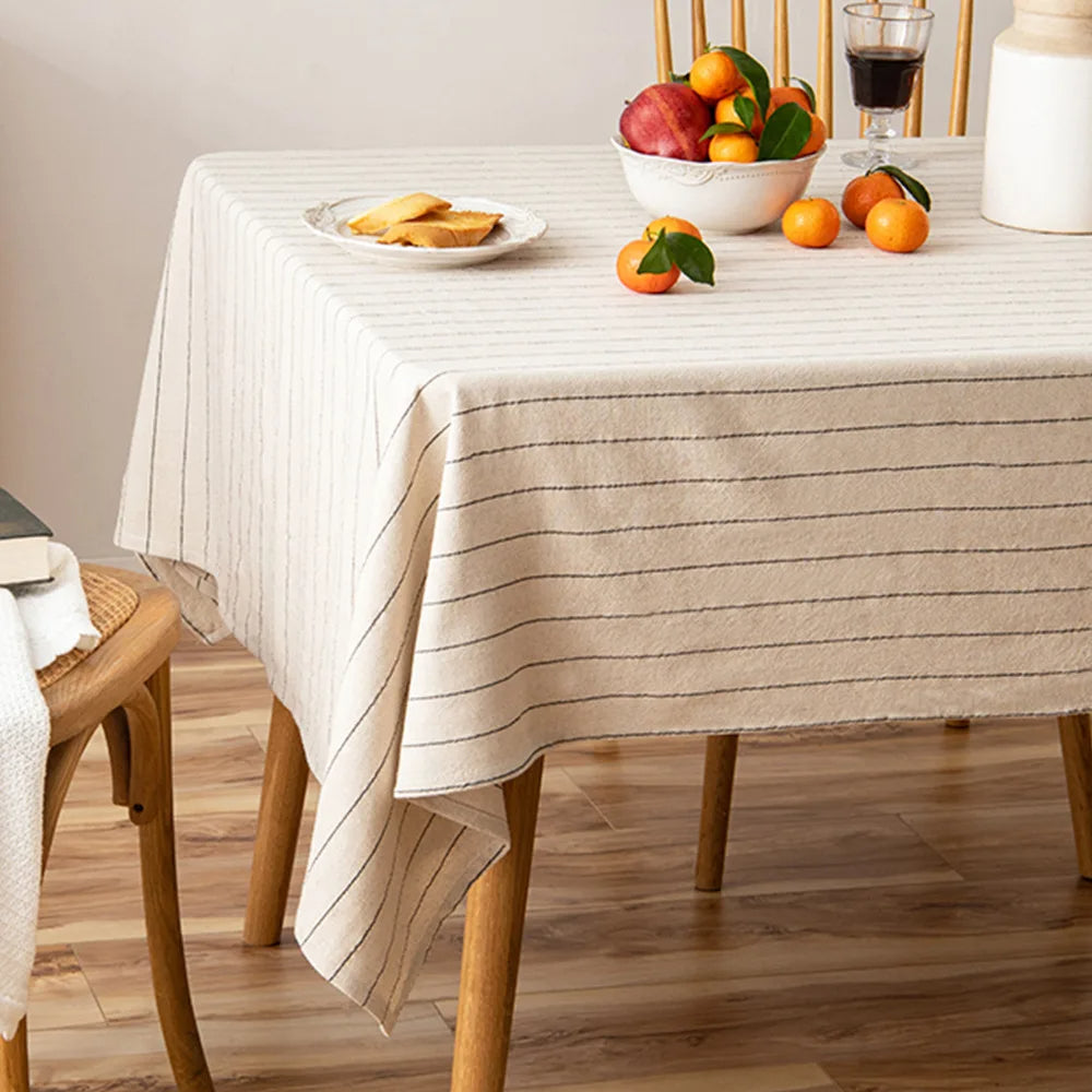 Nappe Rectangulaire Coton & Lin à Rayures Rétro – Élégance Naturelle pour Table Basse ou Repas Quotidien
