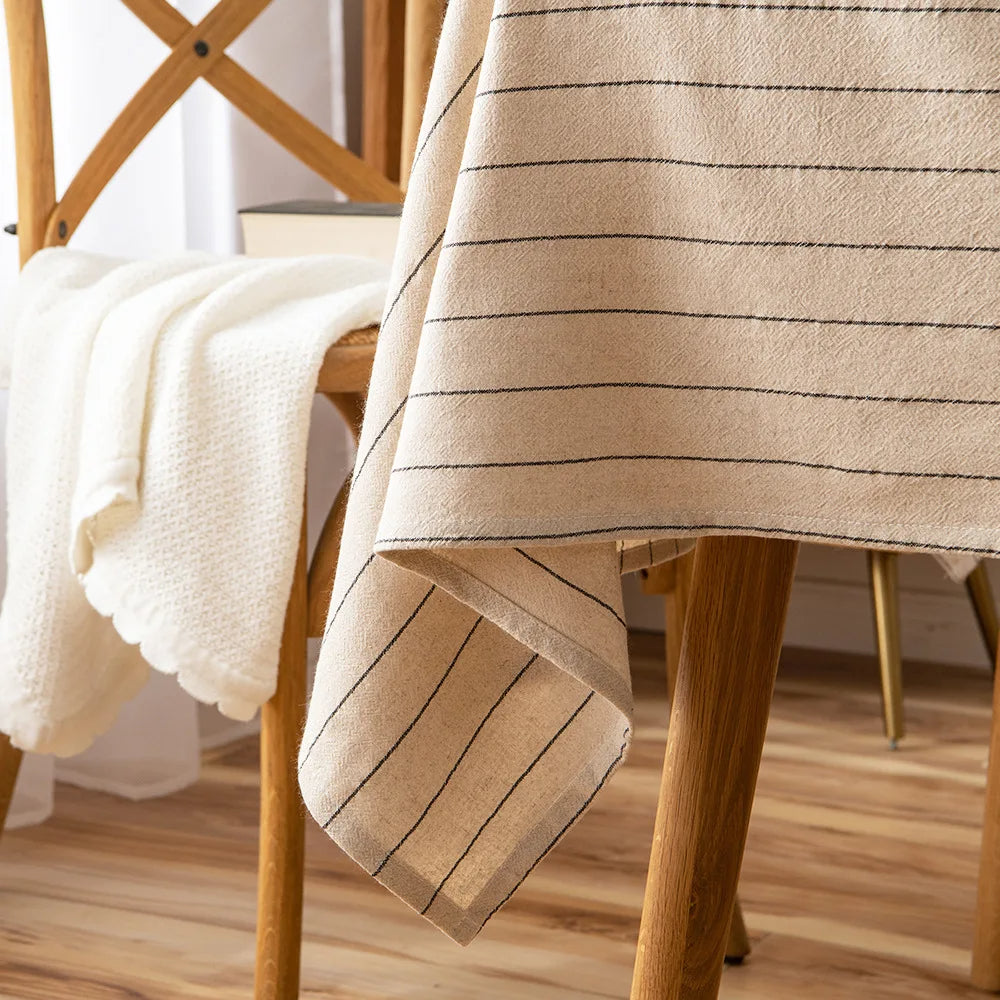 Nappe Rectangulaire Coton & Lin à Rayures Rétro – Élégance Naturelle pour Table Basse ou Repas Quotidien
