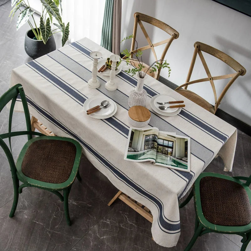 Nappe Rectangulaire Coton & Lin à Rayures Bleues – Esprit Maison Française Authentique
