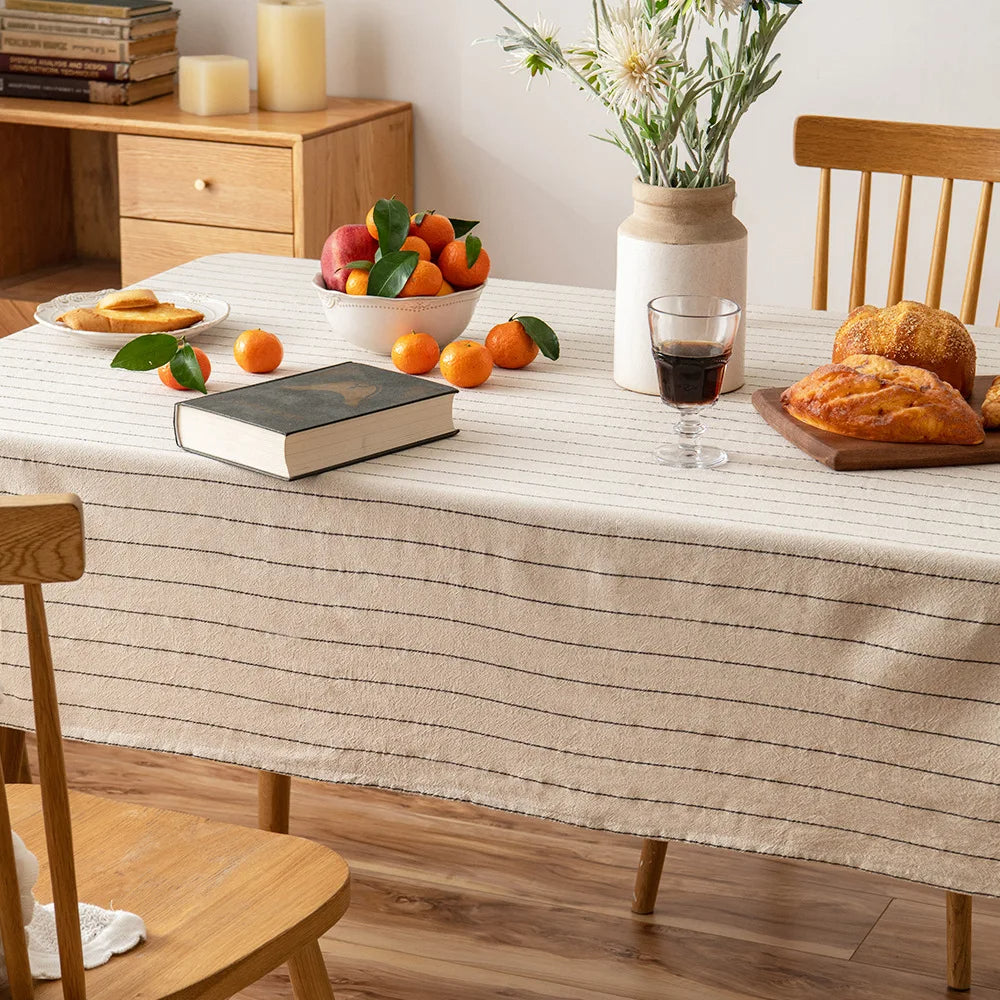 Nappe Rectangulaire Coton & Lin à Rayures Rétro – Élégance Naturelle pour Table Basse ou Repas Quotidien