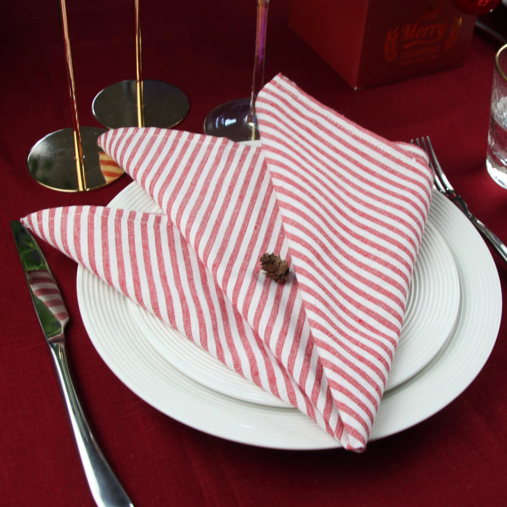 Lot de 12 Serviettes de Table à Rayures Rouges