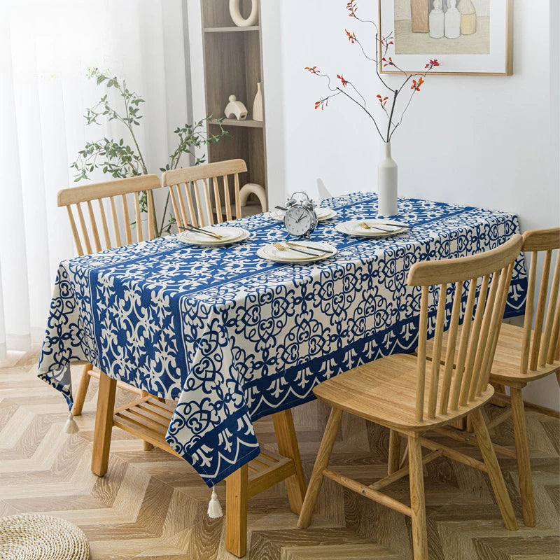 Nappe Bleu Rectangulaire à Motif Floral Élégant