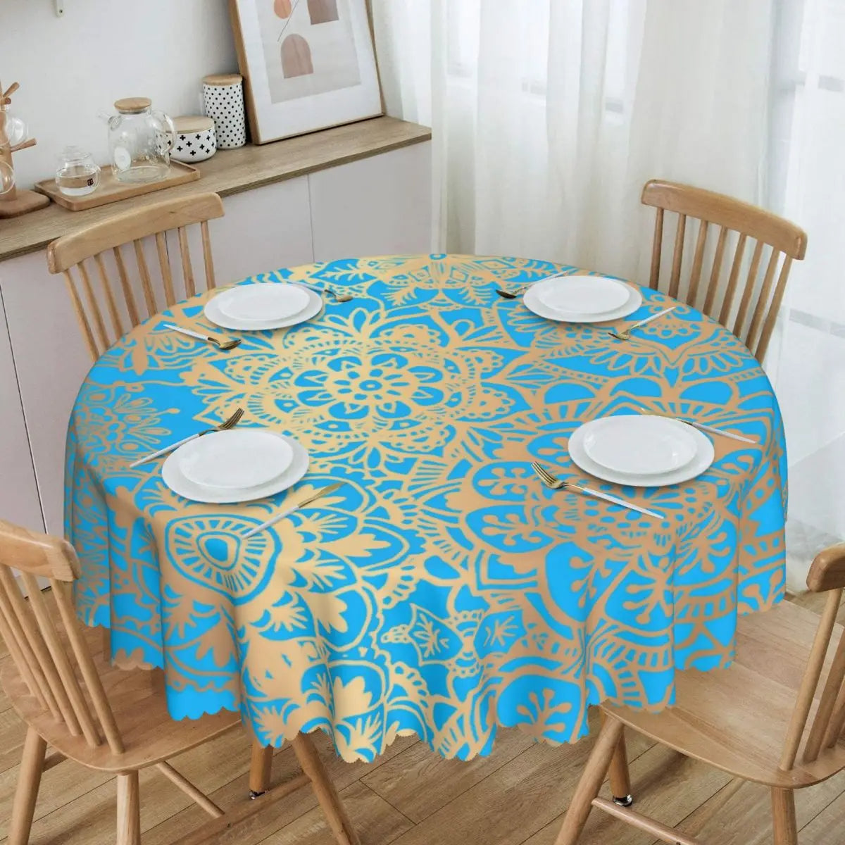 Nappe Bleu Ronde Résistante avec Motif Mandala