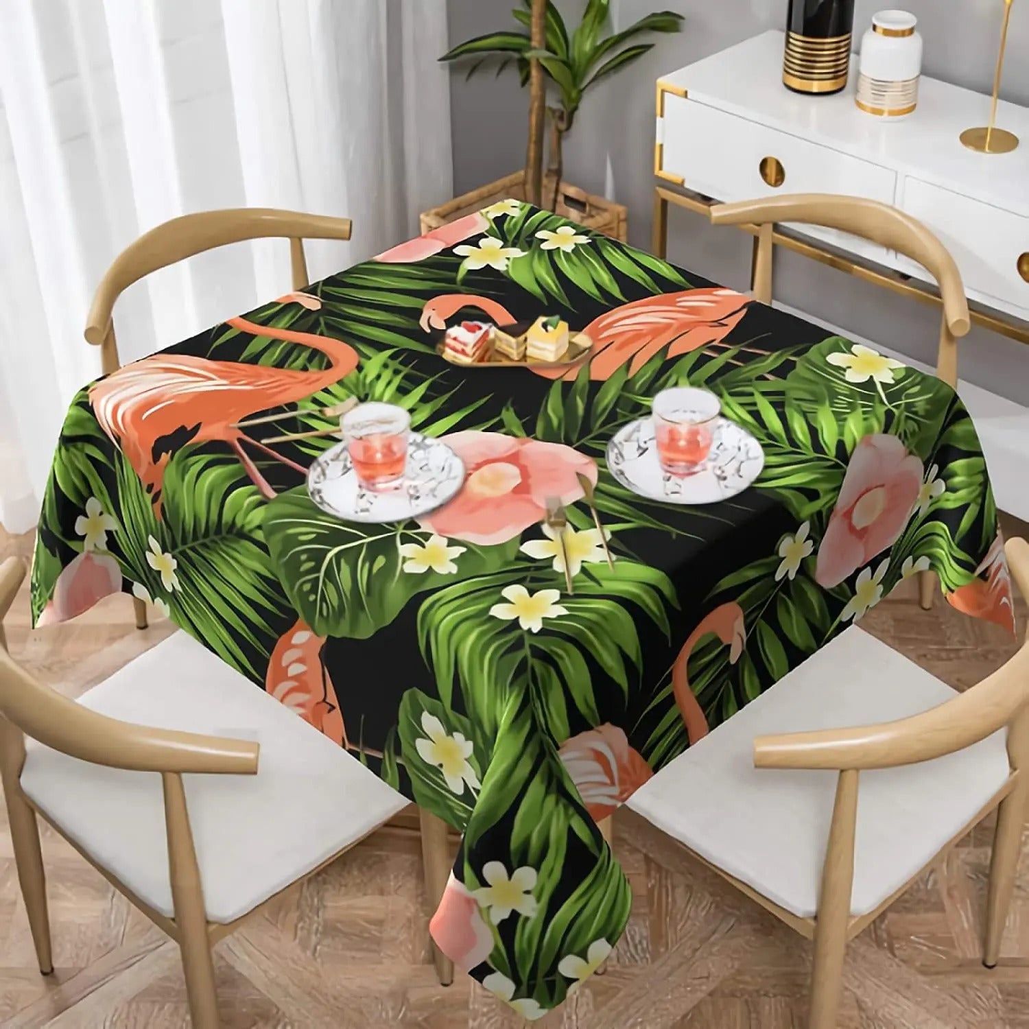 Nappe Carree Motif Palmier et Flamant Rose