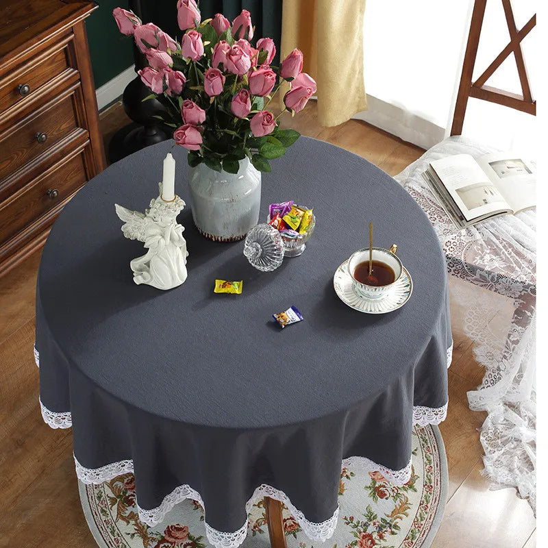 Nappe de Table Grise et Ronde avec Dentelle