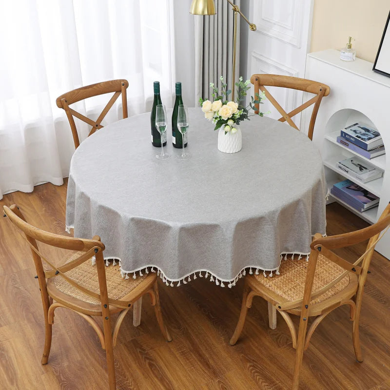 Nappe de Table Grise et Ronde avec Macramé