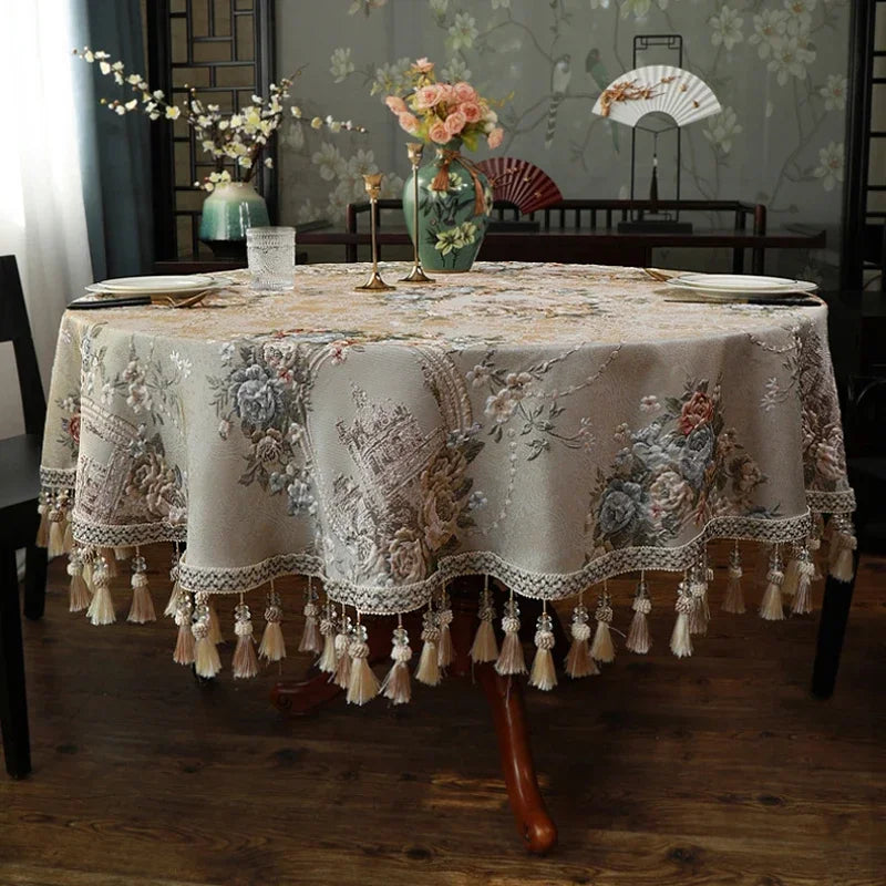 Nappe de Table Ronde Luxueuse et Brodée