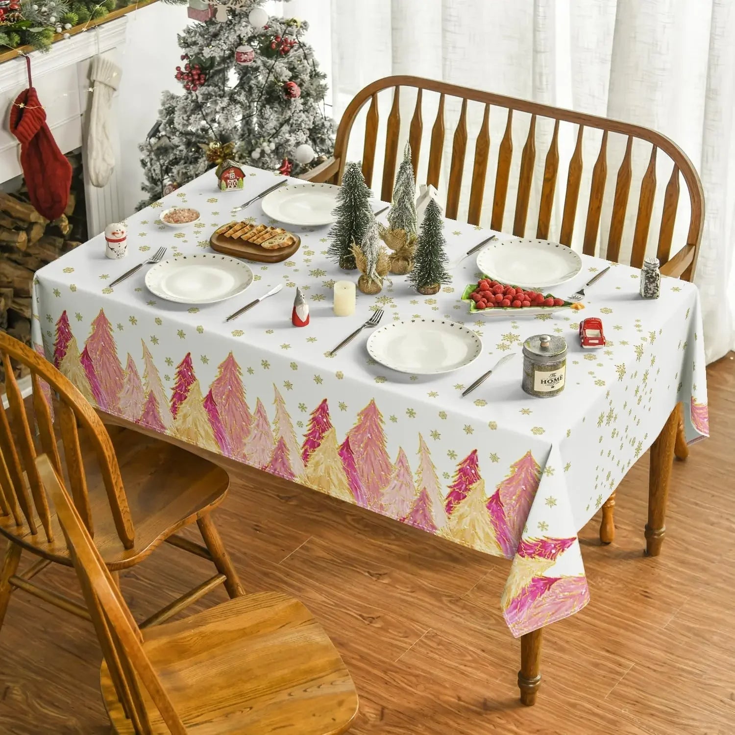 Nappe Table Rose avec Imprimé de Sapins